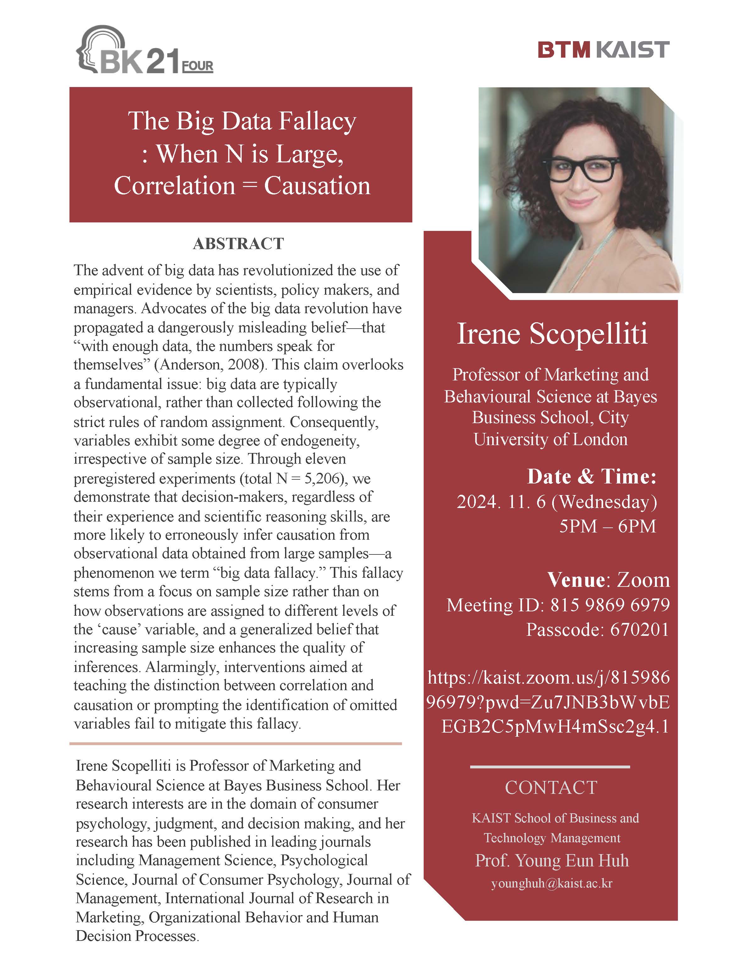 [세미나] KAIST BTM Global Research Seminar(11/6(Wed) 5 PM) _ Irene Scopelliti (Professor of Marketing and Behavioural Science at Bayes Business School, City Univ. of London)